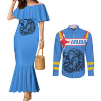 Aruba Couples Matching Mermaid Dress and Long Sleeve Button Shirt National Emblem Featuring the Lion Symbol - Majestic Design