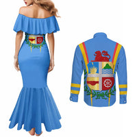 Aruba Couples Matching Mermaid Dress and Long Sleeve Button Shirt National Emblem Featuring the Lion Symbol - Majestic Design