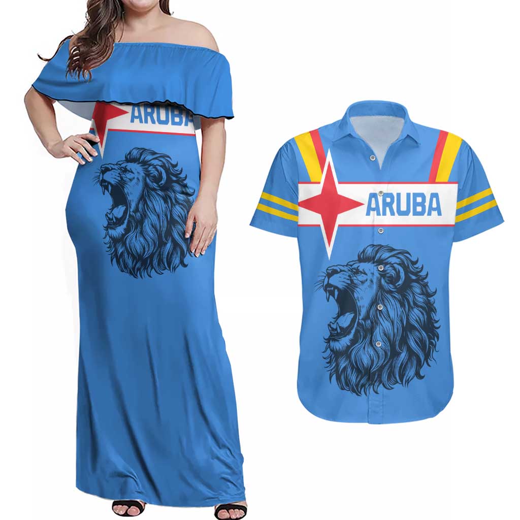 Aruba Couples Matching Off Shoulder Maxi Dress and Hawaiian Shirt National Emblem Featuring the Lion Symbol - Majestic Design