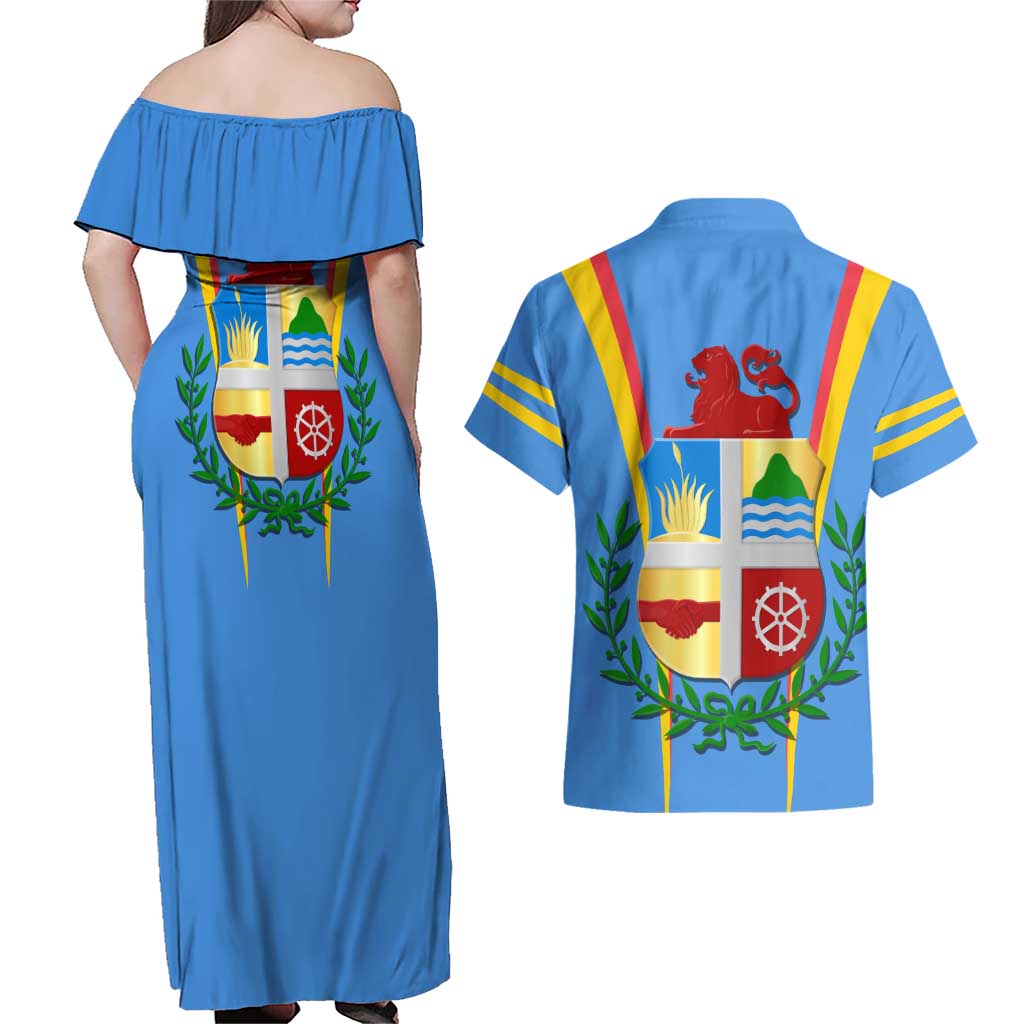 Aruba Couples Matching Off Shoulder Maxi Dress and Hawaiian Shirt National Emblem Featuring the Lion Symbol - Majestic Design