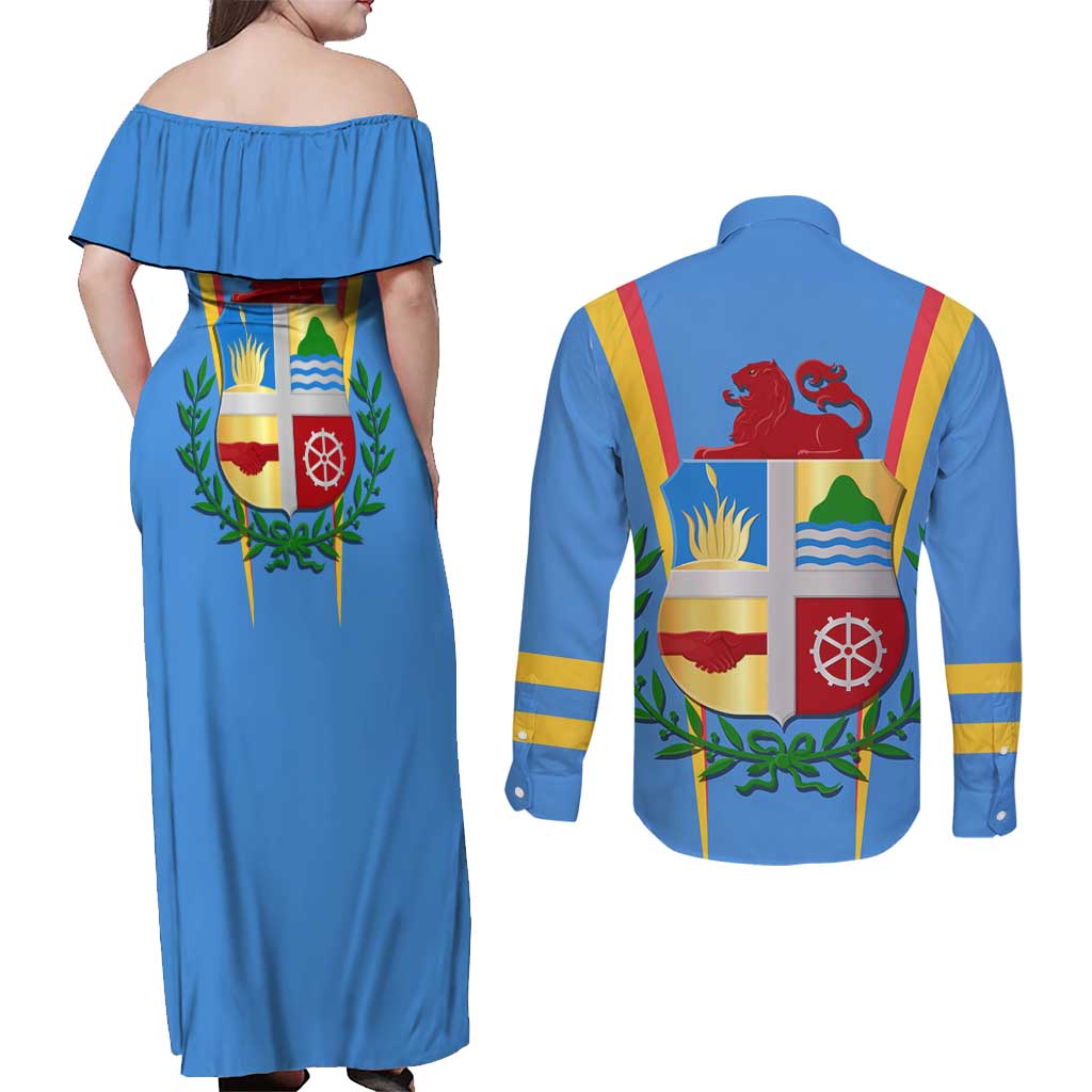 Aruba Couples Matching Off Shoulder Maxi Dress and Long Sleeve Button Shirt National Emblem Featuring the Lion Symbol - Majestic Design