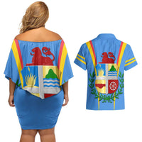 Aruba Couples Matching Off Shoulder Short Dress and Hawaiian Shirt National Emblem Featuring the Lion Symbol - Majestic Design