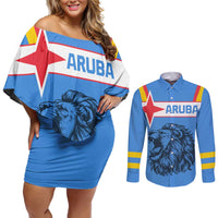 Aruba Couples Matching Off Shoulder Short Dress and Long Sleeve Button Shirt National Emblem Featuring the Lion Symbol - Majestic Design