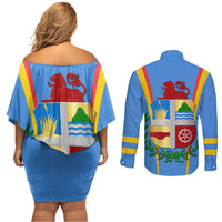 Aruba Couples Matching Off Shoulder Short Dress and Long Sleeve Button Shirt National Emblem Featuring the Lion Symbol - Majestic Design