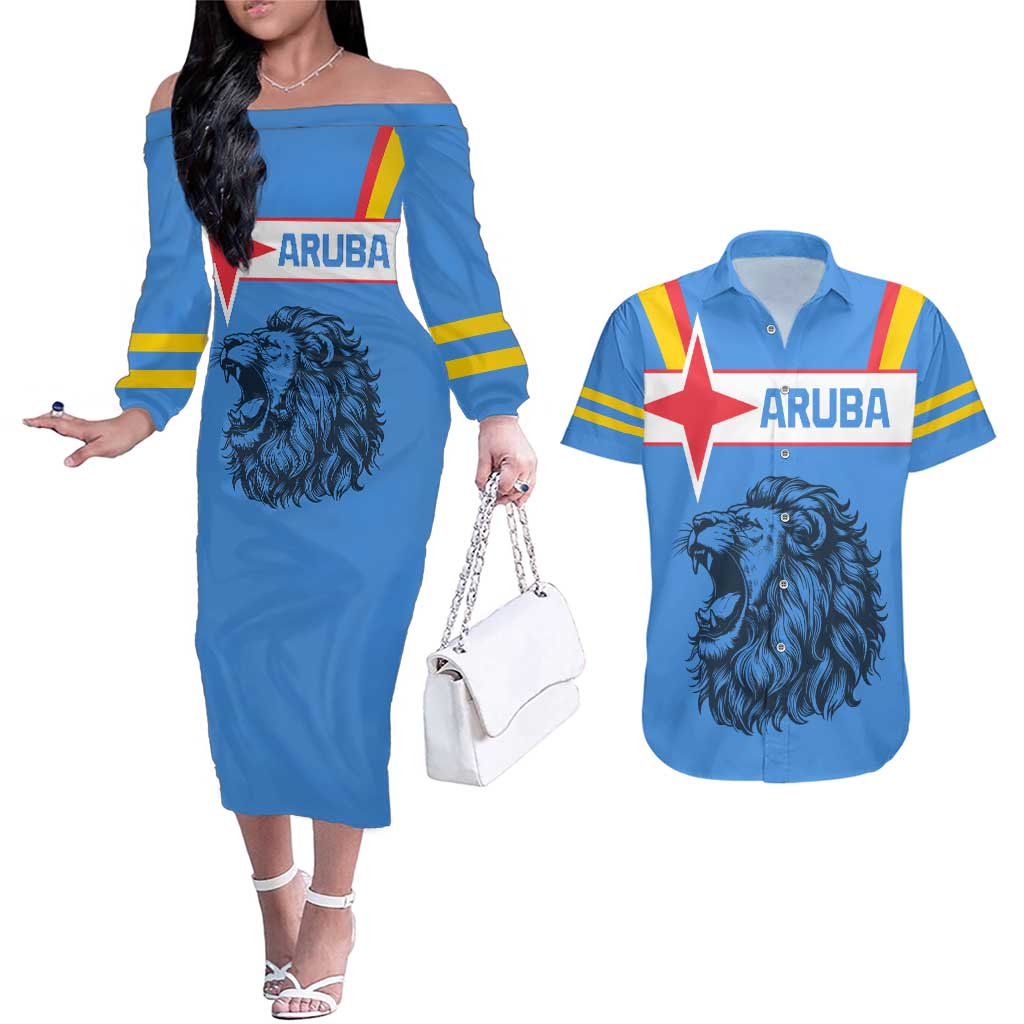 Aruba Couples Matching Off The Shoulder Long Sleeve Dress and Hawaiian Shirt National Emblem Featuring the Lion Symbol - Majestic Design