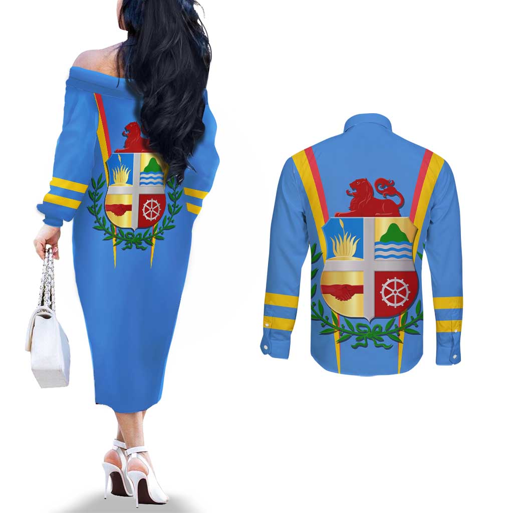 Aruba Couples Matching Off The Shoulder Long Sleeve Dress and Long Sleeve Button Shirt National Emblem Featuring the Lion Symbol - Majestic Design