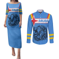 Aruba Couples Matching Puletasi and Long Sleeve Button Shirt National Emblem Featuring the Lion Symbol - Majestic Design