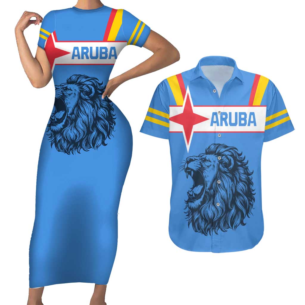 Aruba Couples Matching Short Sleeve Bodycon Dress and Hawaiian Shirt National Emblem Featuring the Lion Symbol - Majestic Design