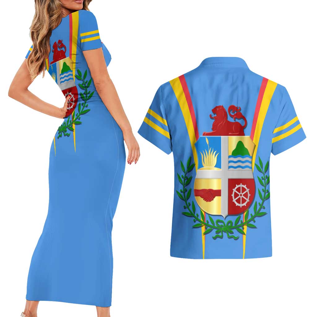 Aruba Couples Matching Short Sleeve Bodycon Dress and Hawaiian Shirt National Emblem Featuring the Lion Symbol - Majestic Design