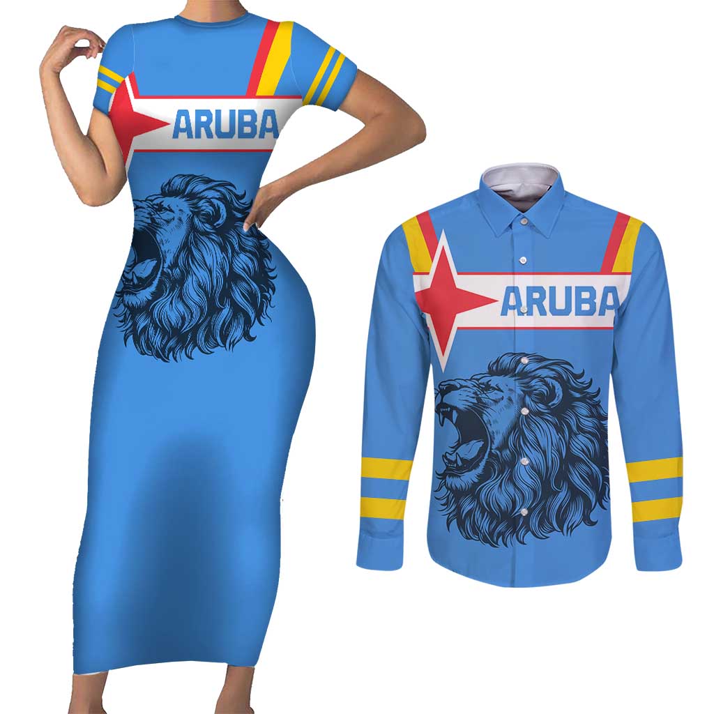 Aruba Couples Matching Short Sleeve Bodycon Dress and Long Sleeve Button Shirt National Emblem Featuring the Lion Symbol - Majestic Design