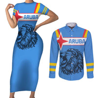 Aruba Couples Matching Short Sleeve Bodycon Dress and Long Sleeve Button Shirt National Emblem Featuring the Lion Symbol - Majestic Design