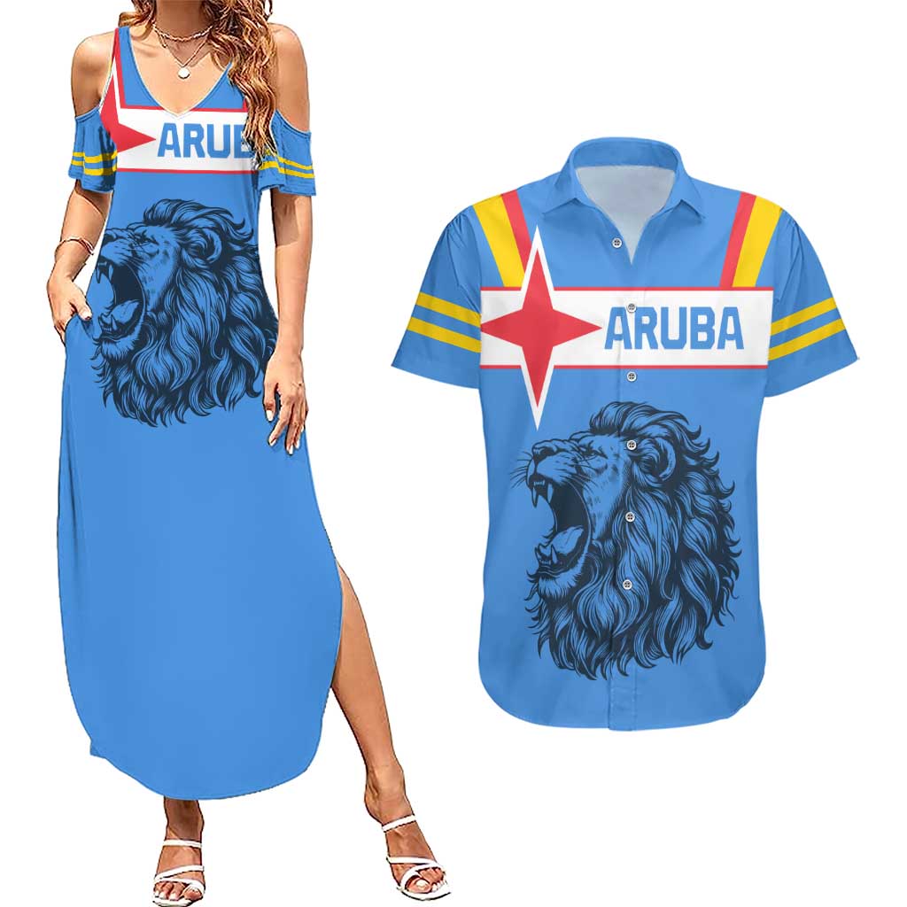 Aruba Couples Matching Summer Maxi Dress and Hawaiian Shirt National Emblem Featuring the Lion Symbol - Majestic Design