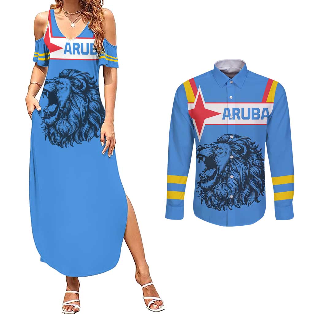 Aruba Couples Matching Summer Maxi Dress and Long Sleeve Button Shirt National Emblem Featuring the Lion Symbol - Majestic Design