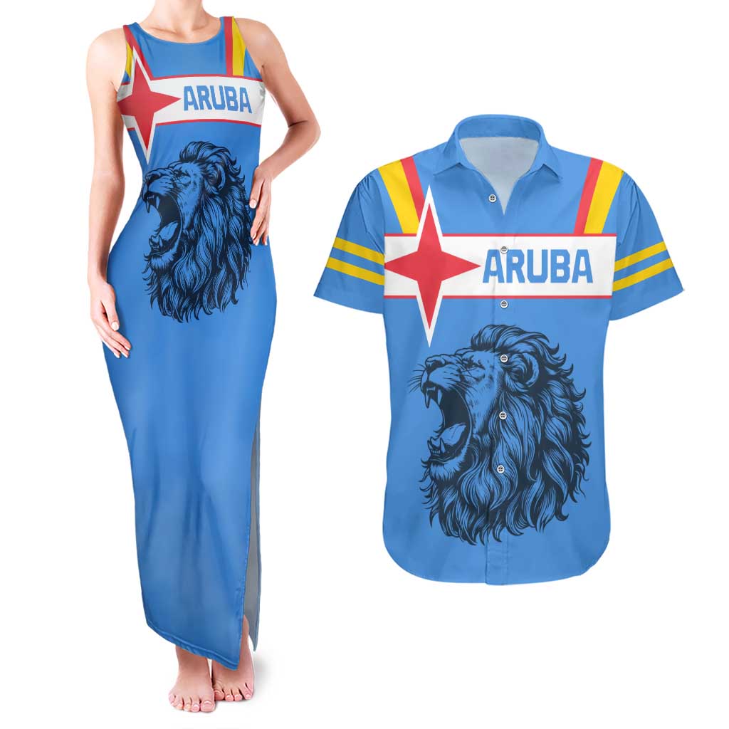 Aruba Couples Matching Tank Maxi Dress and Hawaiian Shirt National Emblem Featuring the Lion Symbol - Majestic Design
