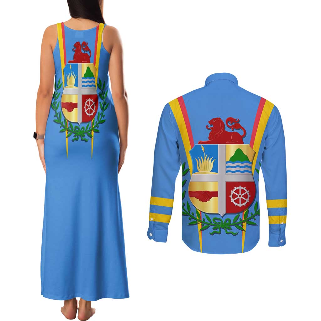 Aruba Couples Matching Tank Maxi Dress and Long Sleeve Button Shirt National Emblem Featuring the Lion Symbol - Majestic Design