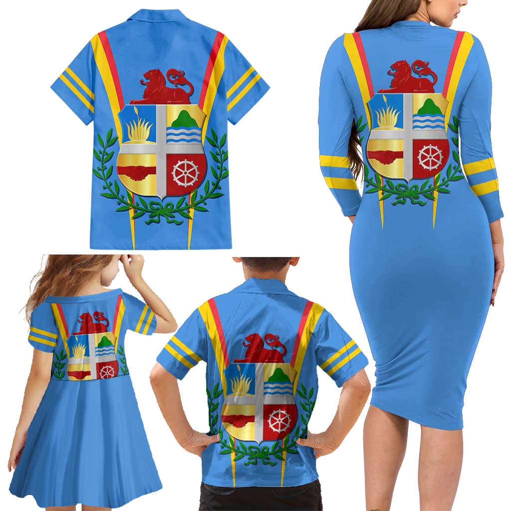 Aruba Family Matching Long Sleeve Bodycon Dress and Hawaiian Shirt National Emblem Featuring the Lion Symbol - Majestic Design