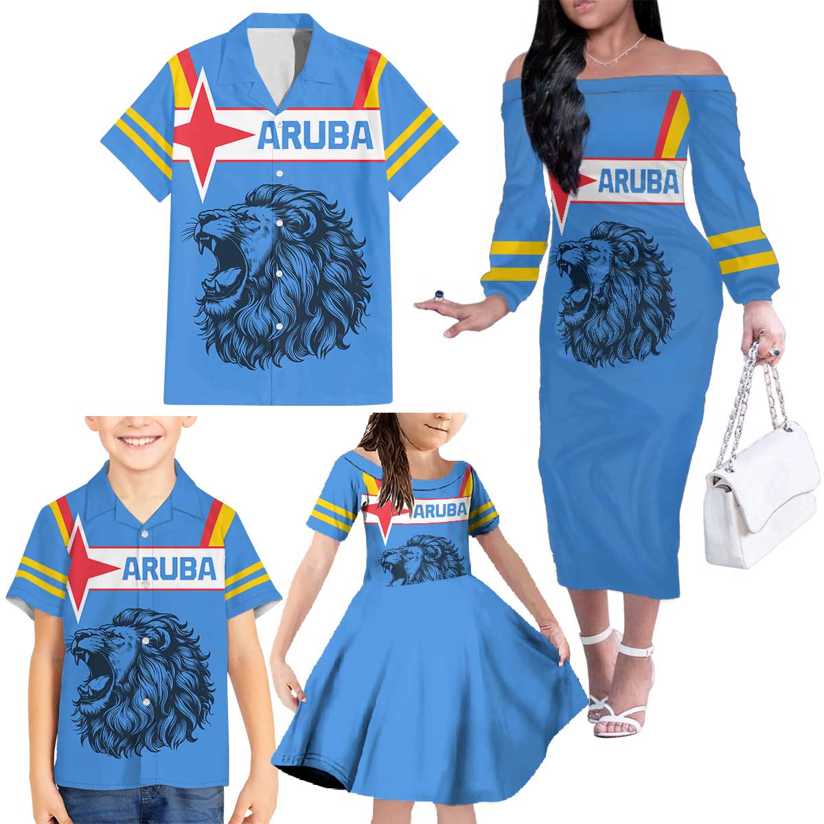 Aruba Family Matching Off The Shoulder Long Sleeve Dress and Hawaiian Shirt National Emblem Featuring the Lion Symbol - Majestic Design