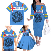 Aruba Family Matching Off The Shoulder Long Sleeve Dress and Hawaiian Shirt National Emblem Featuring the Lion Symbol - Majestic Design