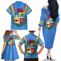 Aruba Family Matching Off The Shoulder Long Sleeve Dress and Hawaiian Shirt National Emblem Featuring the Lion Symbol - Majestic Design