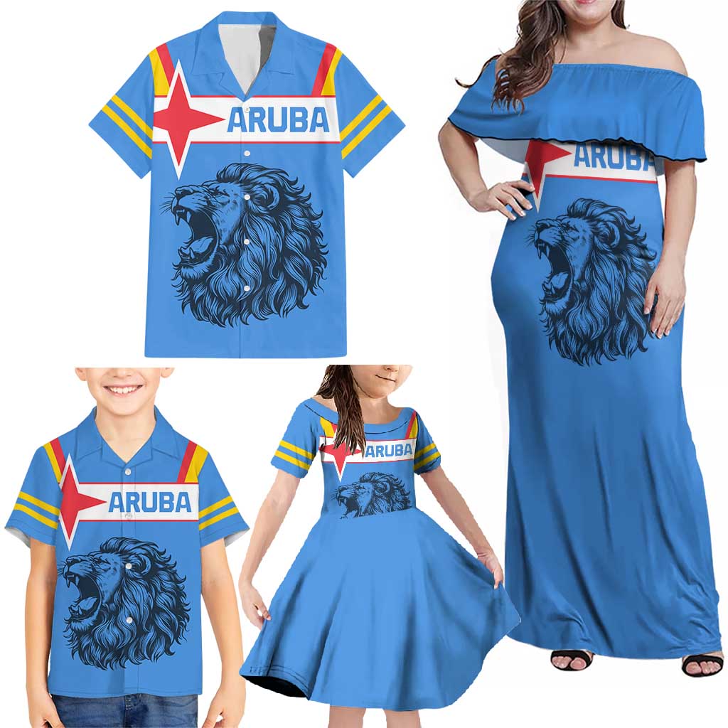 Aruba Family Matching Off Shoulder Maxi Dress and Hawaiian Shirt National Emblem Featuring the Lion Symbol - Majestic Design