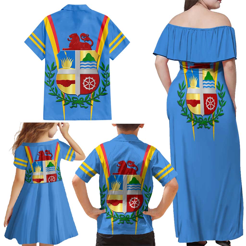 Aruba Family Matching Off Shoulder Maxi Dress and Hawaiian Shirt National Emblem Featuring the Lion Symbol - Majestic Design
