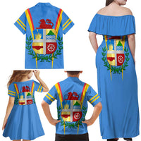 Aruba Family Matching Off Shoulder Maxi Dress and Hawaiian Shirt National Emblem Featuring the Lion Symbol - Majestic Design