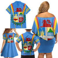 Aruba Family Matching Off Shoulder Short Dress and Hawaiian Shirt National Emblem Featuring the Lion Symbol - Majestic Design