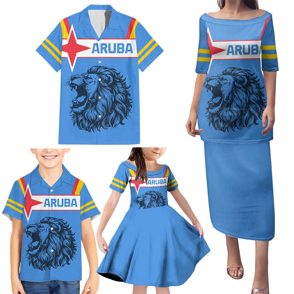 Aruba Family Matching Puletasi and Hawaiian Shirt National Emblem Featuring the Lion Symbol - Majestic Design