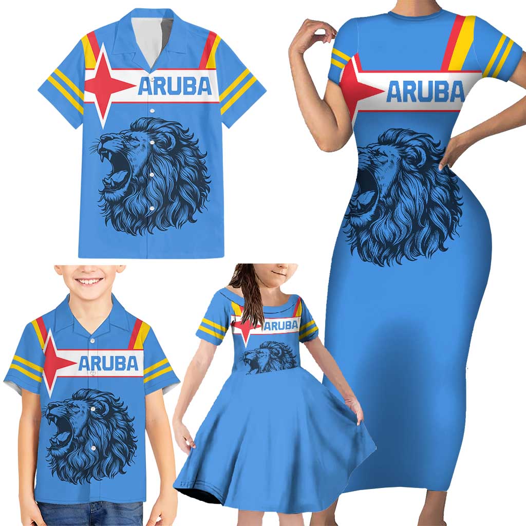 Aruba Family Matching Short Sleeve Bodycon Dress and Hawaiian Shirt National Emblem Featuring the Lion Symbol - Majestic Design