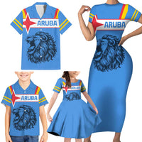 Aruba Family Matching Short Sleeve Bodycon Dress and Hawaiian Shirt National Emblem Featuring the Lion Symbol - Majestic Design