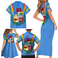 Aruba Family Matching Short Sleeve Bodycon Dress and Hawaiian Shirt National Emblem Featuring the Lion Symbol - Majestic Design