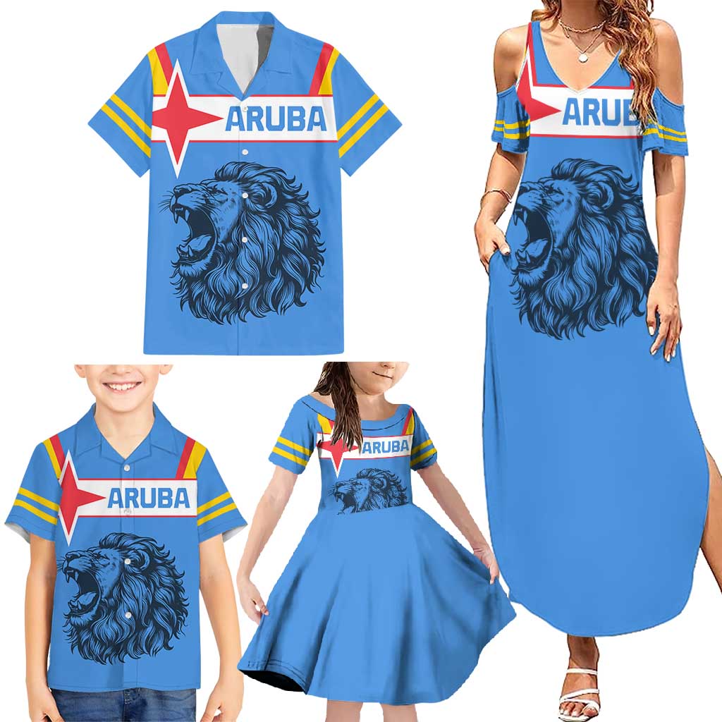 Aruba Family Matching Summer Maxi Dress and Hawaiian Shirt National Emblem Featuring the Lion Symbol - Majestic Design