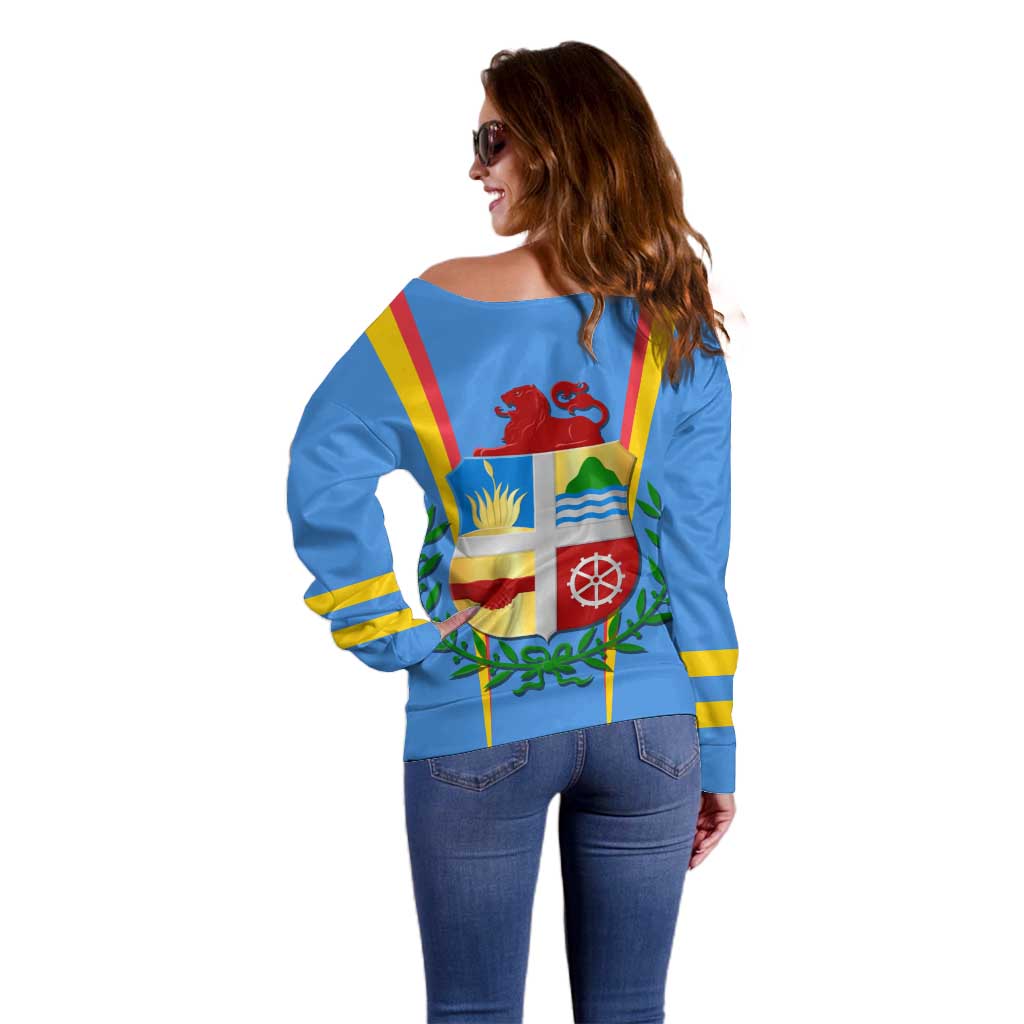 Aruba Off Shoulder Sweater National Emblem Featuring the Lion Symbol - Majestic Design