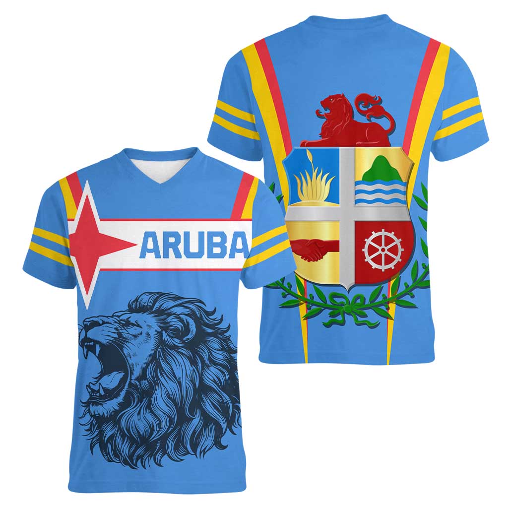 Aruba Women V-Neck T-Shirt National Emblem Featuring the Lion Symbol - Majestic Design