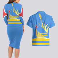 Aruba Flag Couples Matching Long Sleeve Bodycon Dress and Hawaiian Shirt Elements Merged with Country's Shape – Unique National Design