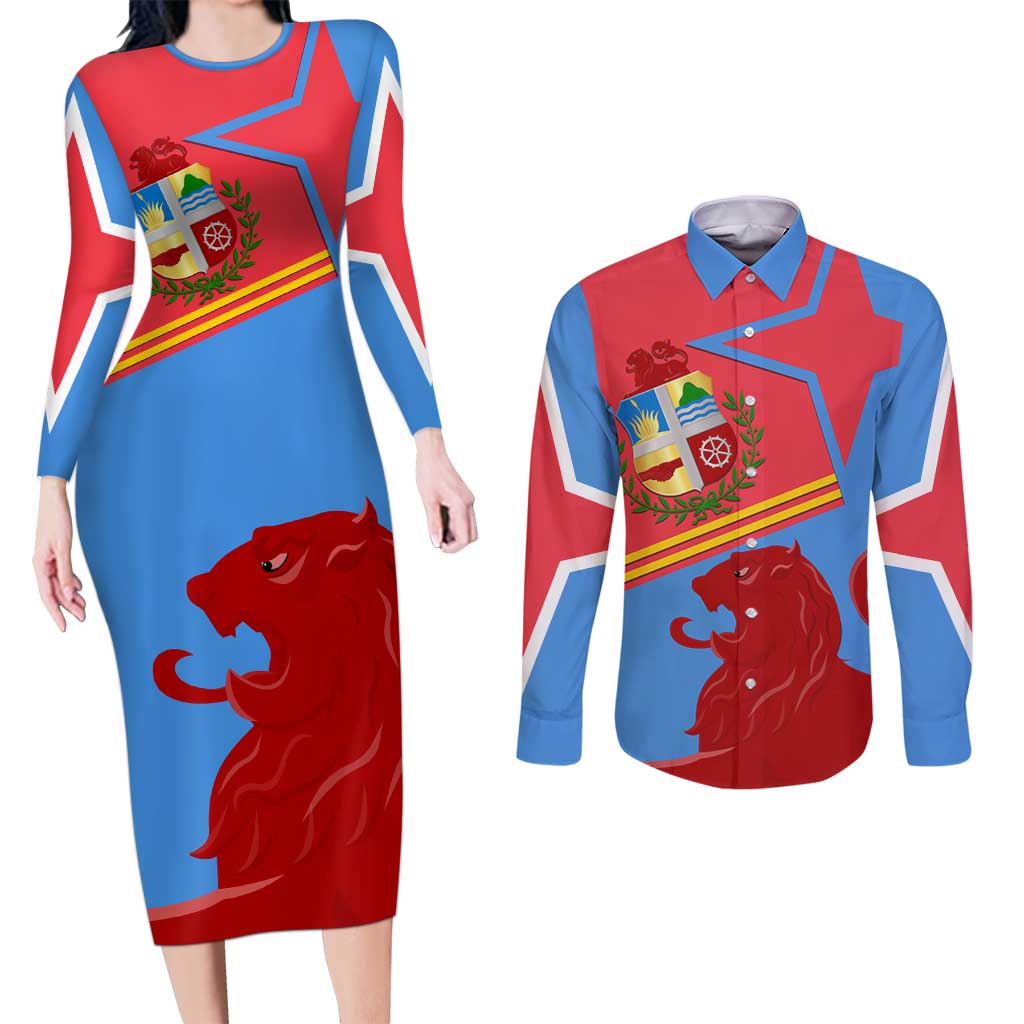 Aruba Flag Couples Matching Long Sleeve Bodycon Dress and Long Sleeve Button Shirt Elements Merged with Country's Shape – Unique National Design