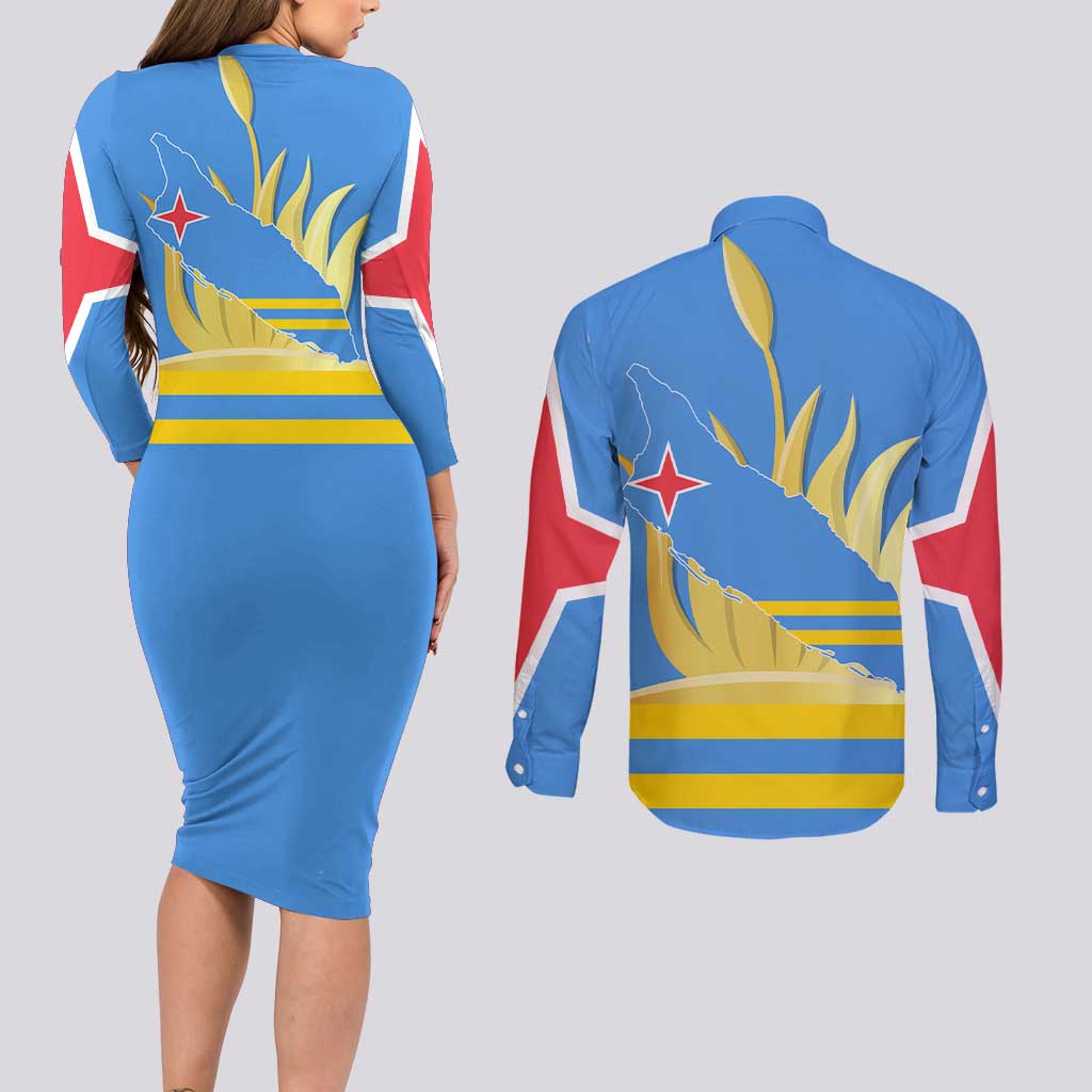 Aruba Flag Couples Matching Long Sleeve Bodycon Dress and Long Sleeve Button Shirt Elements Merged with Country's Shape – Unique National Design
