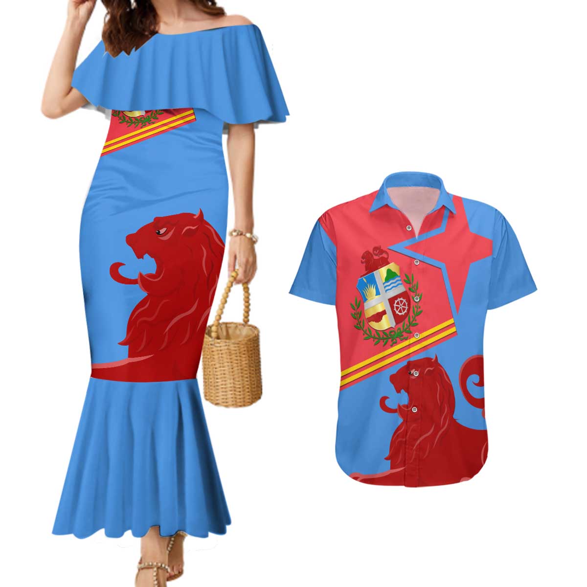 Aruba Flag Couples Matching Mermaid Dress and Hawaiian Shirt Elements Merged with Country's Shape – Unique National Design