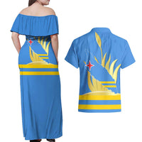 Aruba Flag Couples Matching Off Shoulder Maxi Dress and Hawaiian Shirt Elements Merged with Country's Shape – Unique National Design