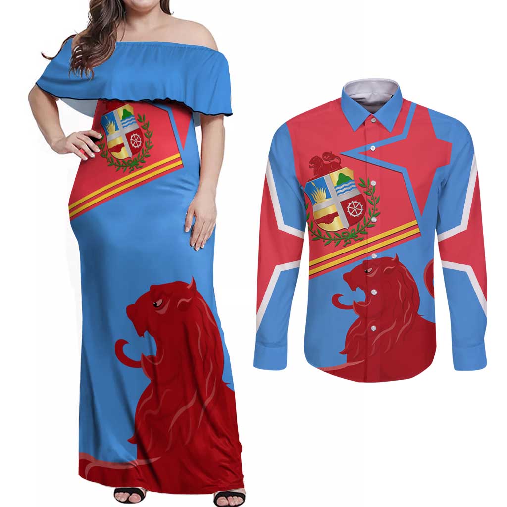 Aruba Flag Couples Matching Off Shoulder Maxi Dress and Long Sleeve Button Shirt Elements Merged with Country's Shape – Unique National Design