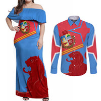 Aruba Flag Couples Matching Off Shoulder Maxi Dress and Long Sleeve Button Shirt Elements Merged with Country's Shape – Unique National Design