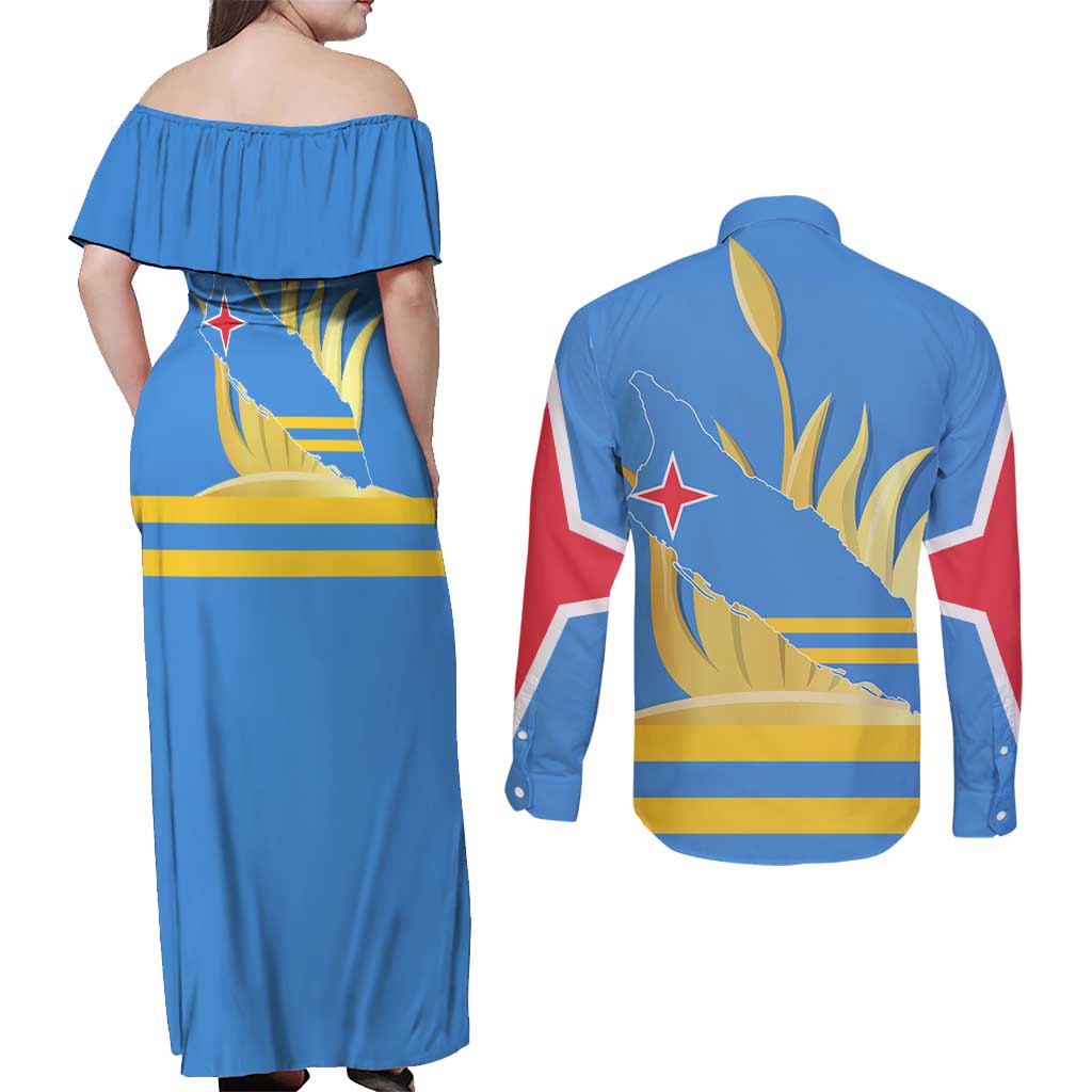 Aruba Flag Couples Matching Off Shoulder Maxi Dress and Long Sleeve Button Shirt Elements Merged with Country's Shape – Unique National Design