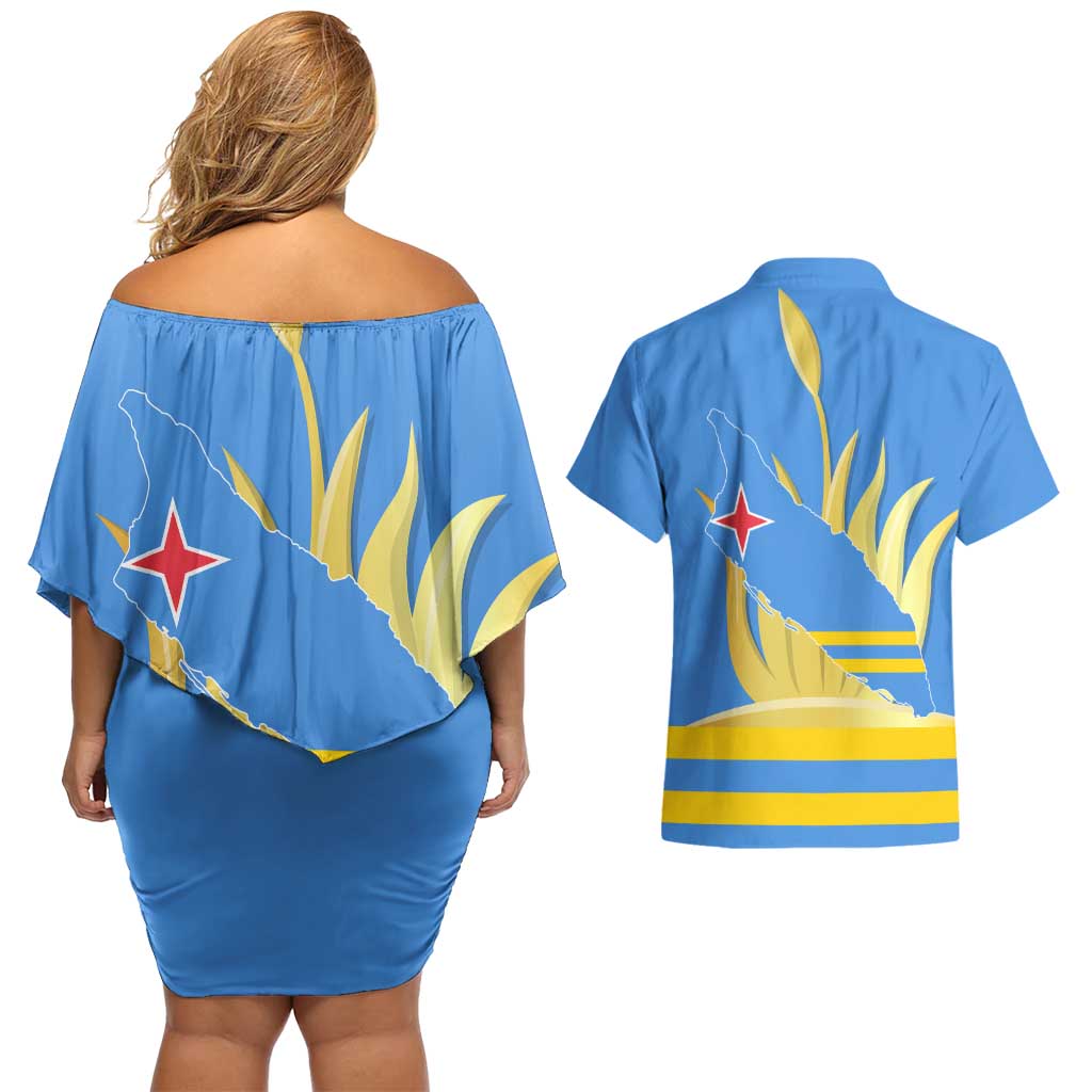 Aruba Flag Couples Matching Off Shoulder Short Dress and Hawaiian Shirt Elements Merged with Country's Shape – Unique National Design