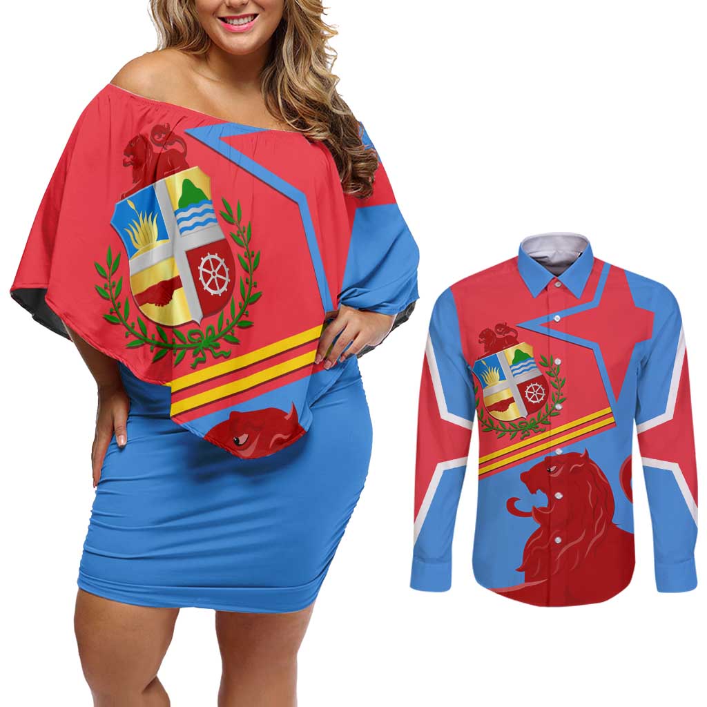 Aruba Flag Couples Matching Off Shoulder Short Dress and Long Sleeve Button Shirt Elements Merged with Country's Shape – Unique National Design