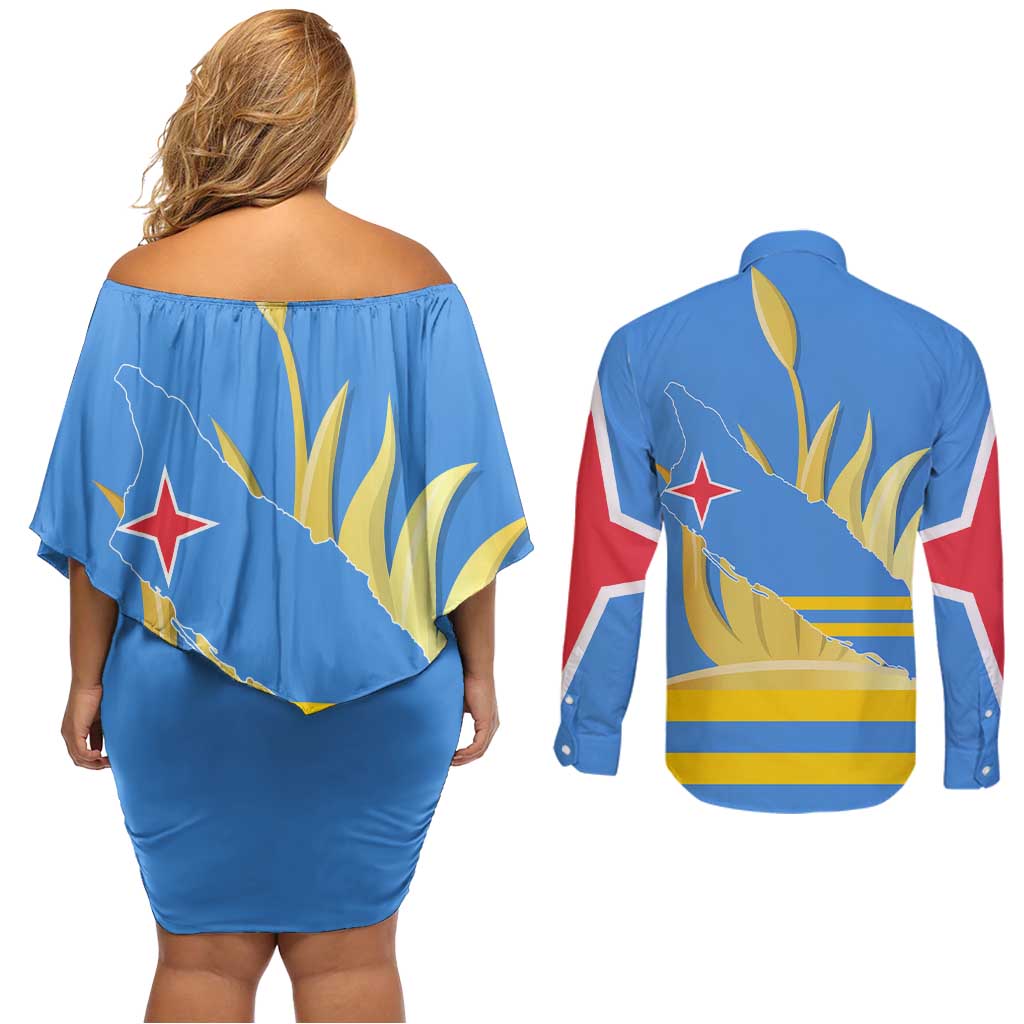 Aruba Flag Couples Matching Off Shoulder Short Dress and Long Sleeve Button Shirt Elements Merged with Country's Shape – Unique National Design