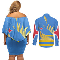 Aruba Flag Couples Matching Off Shoulder Short Dress and Long Sleeve Button Shirt Elements Merged with Country's Shape – Unique National Design