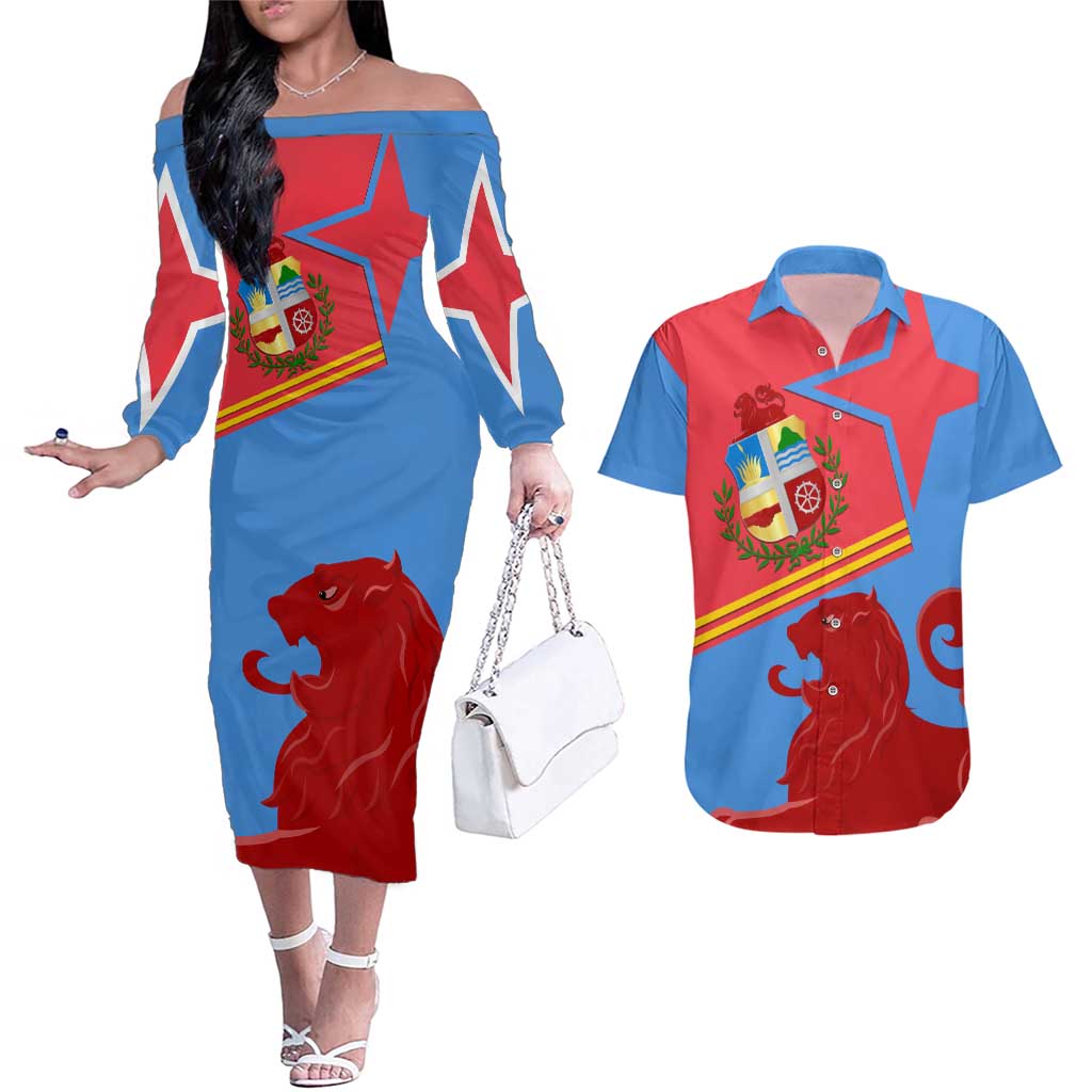 Aruba Flag Couples Matching Off The Shoulder Long Sleeve Dress and Hawaiian Shirt Elements Merged with Country's Shape – Unique National Design
