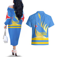 Aruba Flag Couples Matching Off The Shoulder Long Sleeve Dress and Hawaiian Shirt Elements Merged with Country's Shape – Unique National Design