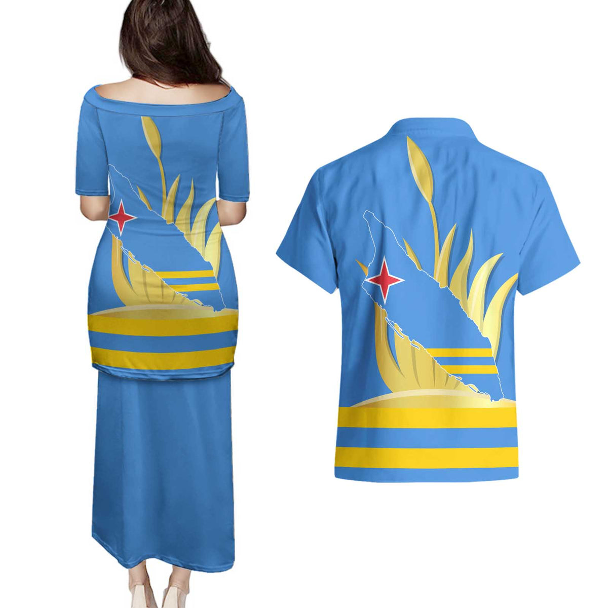 Aruba Flag Couples Matching Puletasi and Hawaiian Shirt Elements Merged with Country's Shape – Unique National Design
