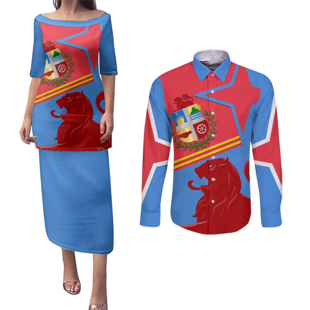 Aruba Flag Couples Matching Puletasi and Long Sleeve Button Shirt Elements Merged with Country's Shape – Unique National Design